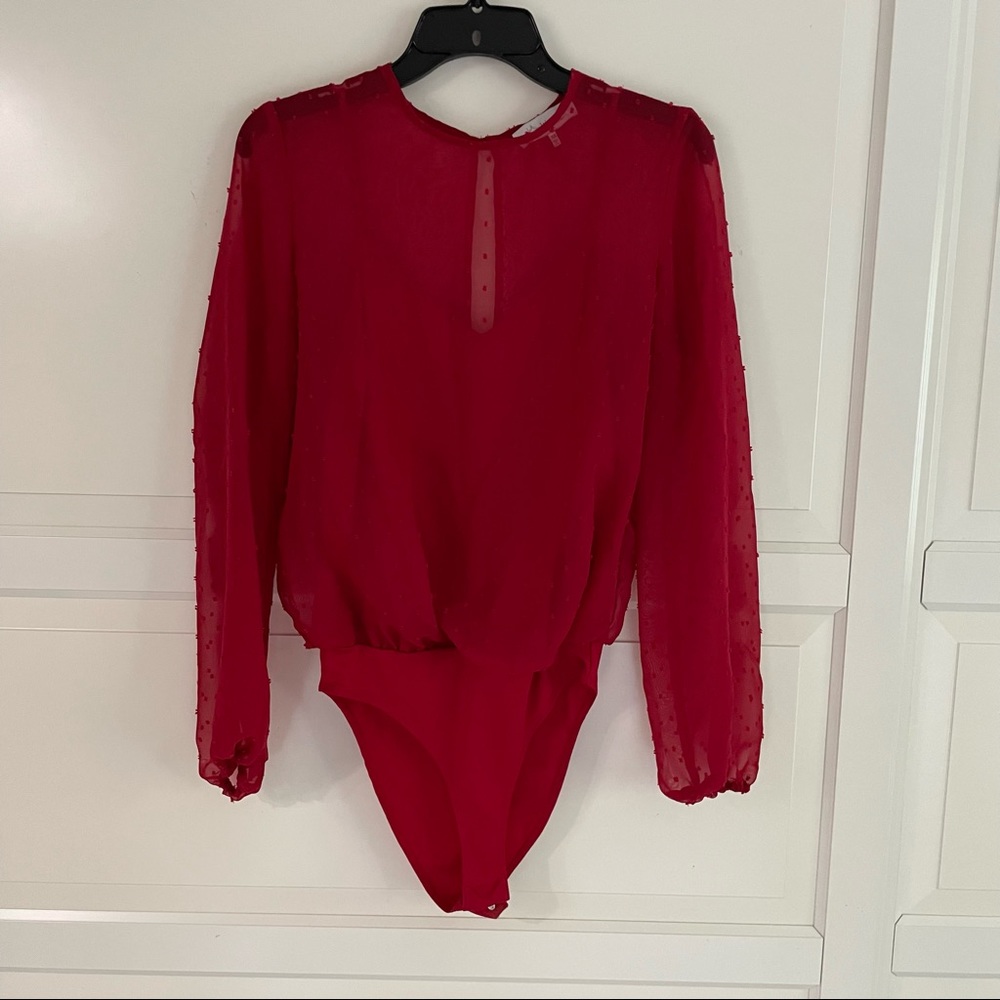 Wayf red chiffon Swiss dot long sleeve bodysuit 7121
